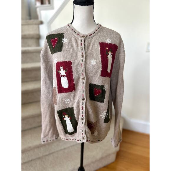 Vintage 90s Croft Barrow Tan Primitive Snowman Patchwork Cardigan Long Sleeve - Picture 1 of 6